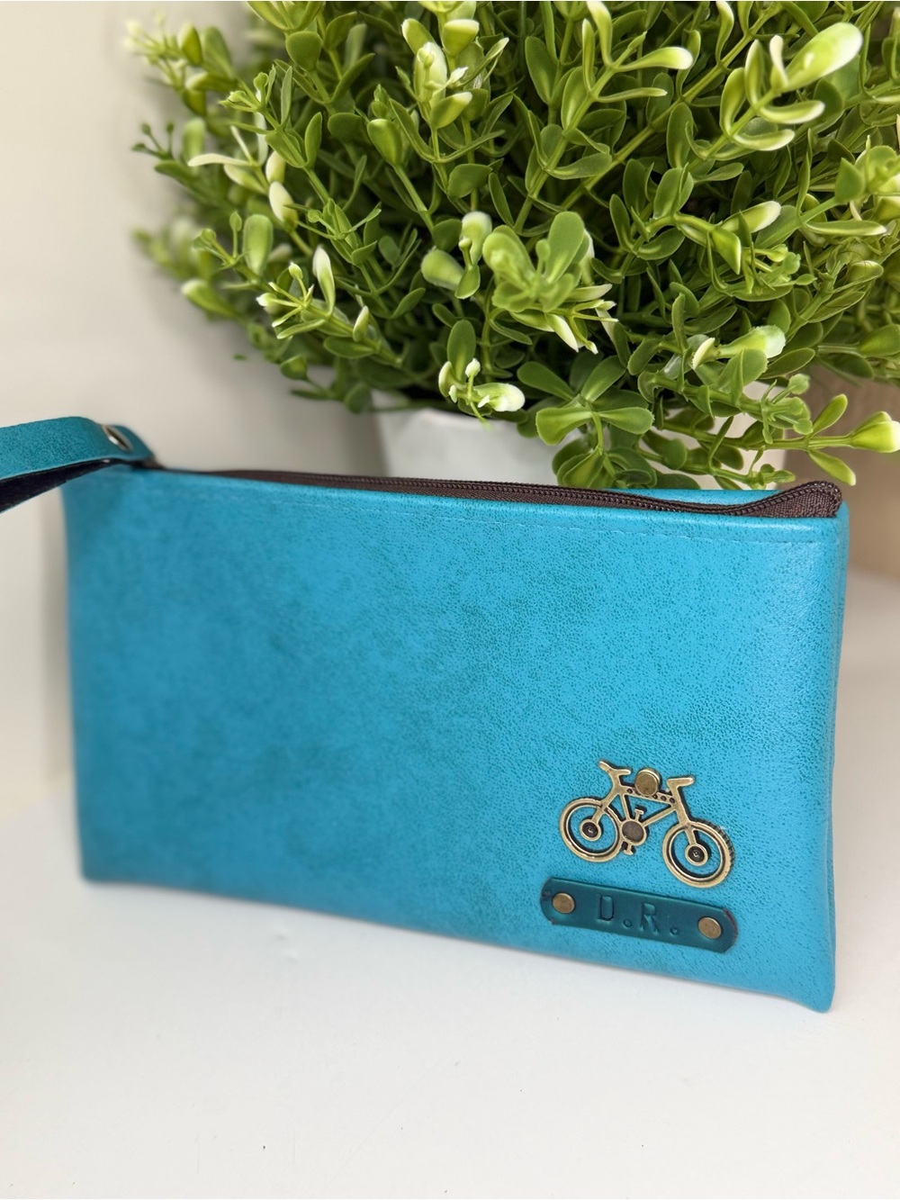 Blue Wristlet Clutch with Bicycle Accent